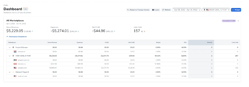 Helium 10 Profits - Dashboard