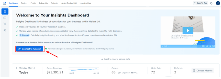 Hellium 10 Dashboard - Click Connect To Amazon