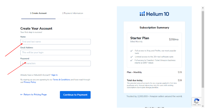 Helium 10 Starter Plan - Create Your Account