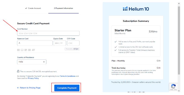 Helium 10 Starter Plan - enter aYour Card Detailes