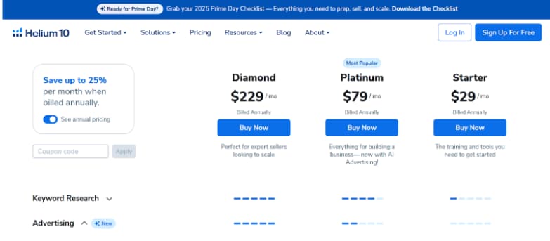 Helium 10 Pricing Plans