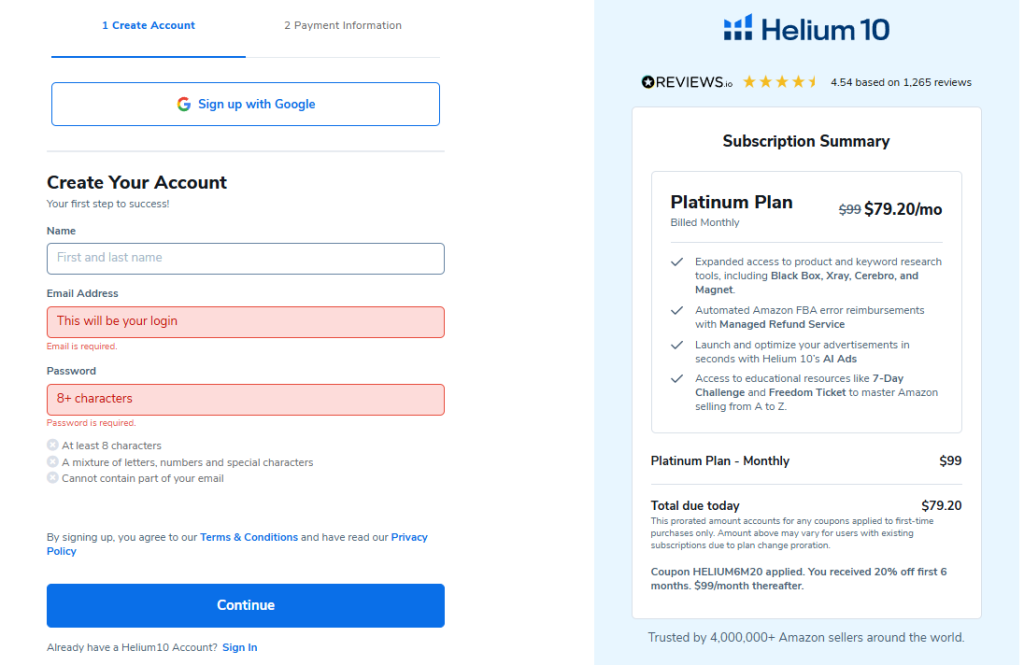 Helium 10 Account Creation Page Helium 10 Account Creation Page